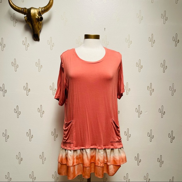 Logo Lori Goldstein Peach Tan Blouse Tunic Lounge Chiffon Trim Pockets Top XL - Picture 1 of 6